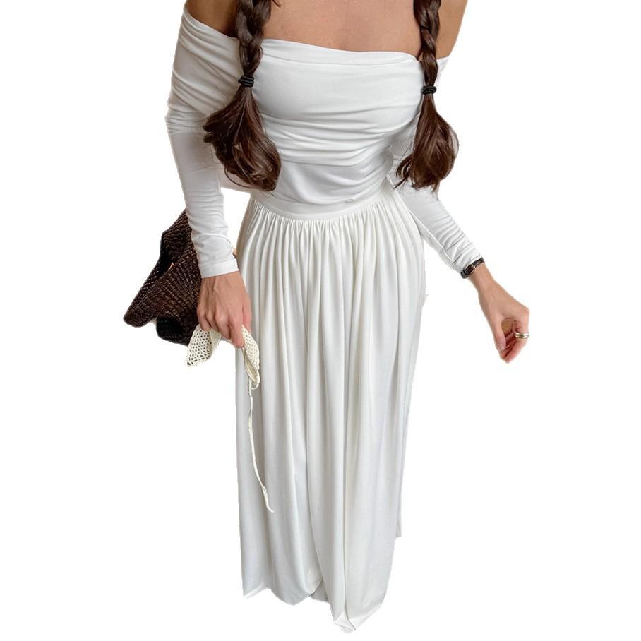1116 new high-end one-word neck long-sleeved top pleated high-waisted long skirt set women's autumn two-piece set