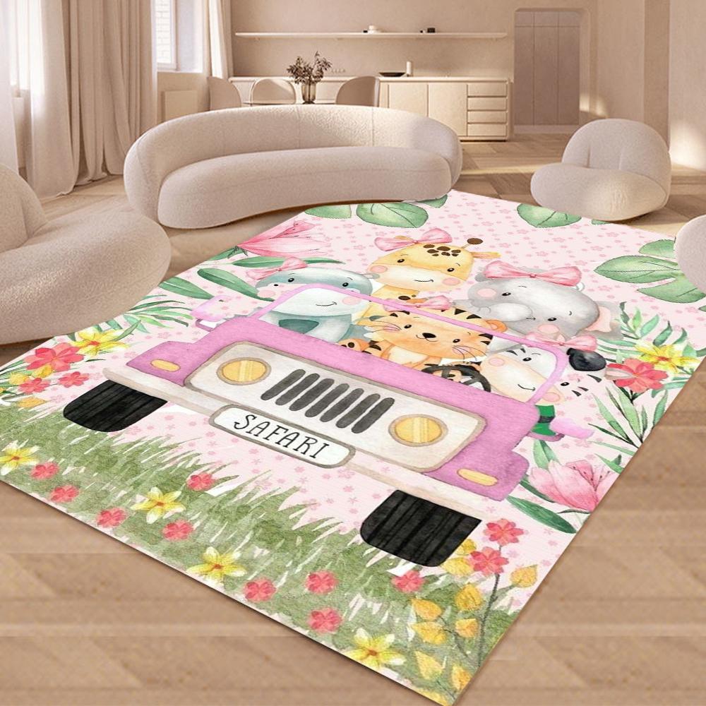3D Jungle Animals Printed Rugs Cartoon Floral Safari Animals Rug for Bedroom Livingroom Non-slip Carpet Kids Room Area Rug Decor
