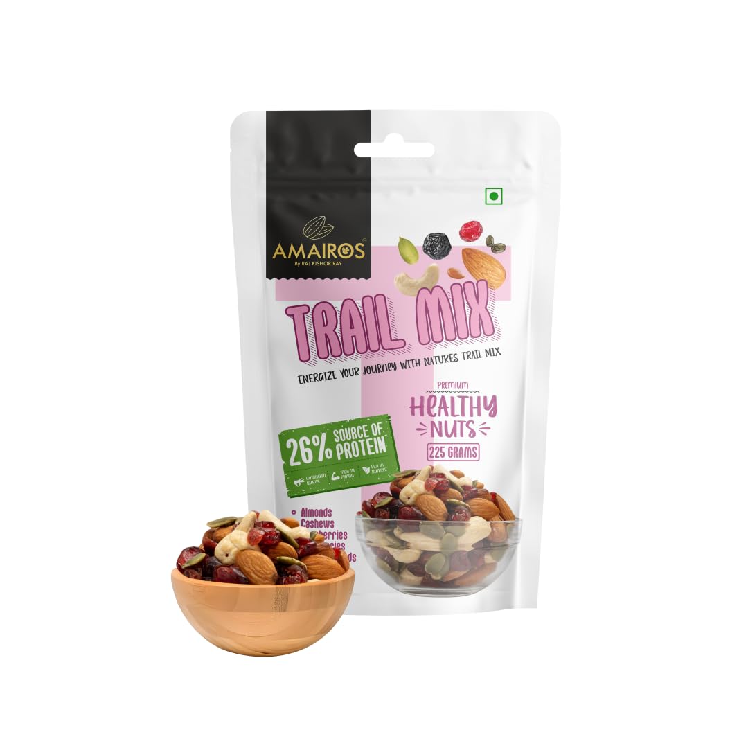 Amairos Premium Trail Mix | Healthy Breakfast | 225gm Value Pack | Superfood for Instant Energy Contains Almond, Cashew, Cranberry, Blueberry, Pu