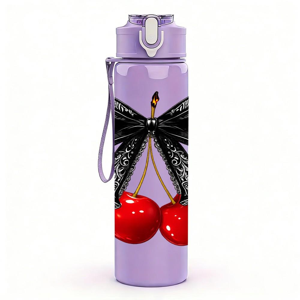 1PC Black Bow Fresh Red Cherry Fruit Print 750ml Color Plastic Sports Water Bottle Leakproof Flip Straw Lid Suitable for Sports Office Home Use