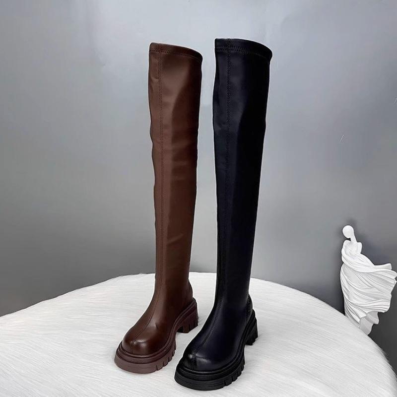 Boots Women's New Autumn and Winter Maillard Style Thin Elastic Knee Thick-soled Boots Small Boots