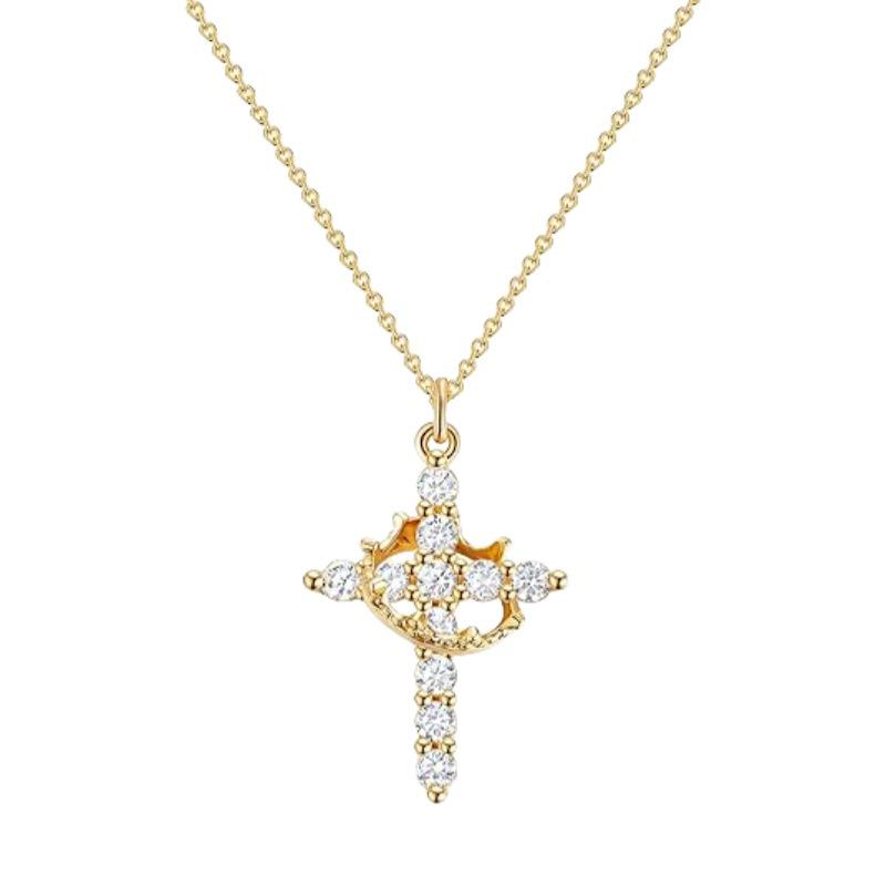 14K Gold-Plated Crown Cross Necklace with Diamonds for Women
