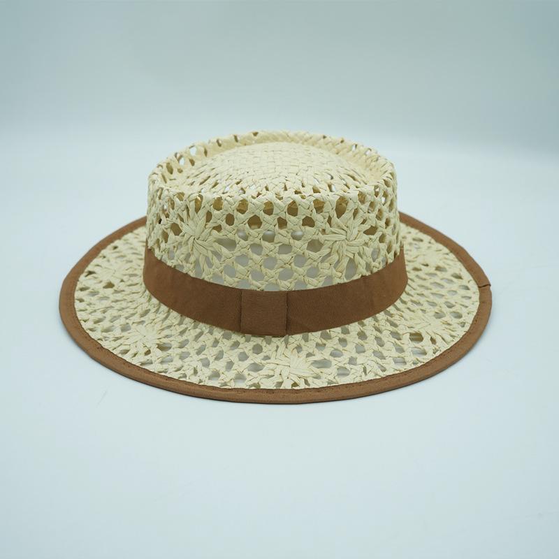 Japanese Korean Version Hollow Woven Beige Flat Top Top Top Hat Women'S Summer Sunshade Vacation Beach Straw Hat Small Fresh And Retro