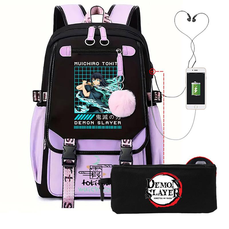 Two-dimensional peripheral day man ghost extinguishing backpack pencil bag large capacity student leisure schoolbag with USB port