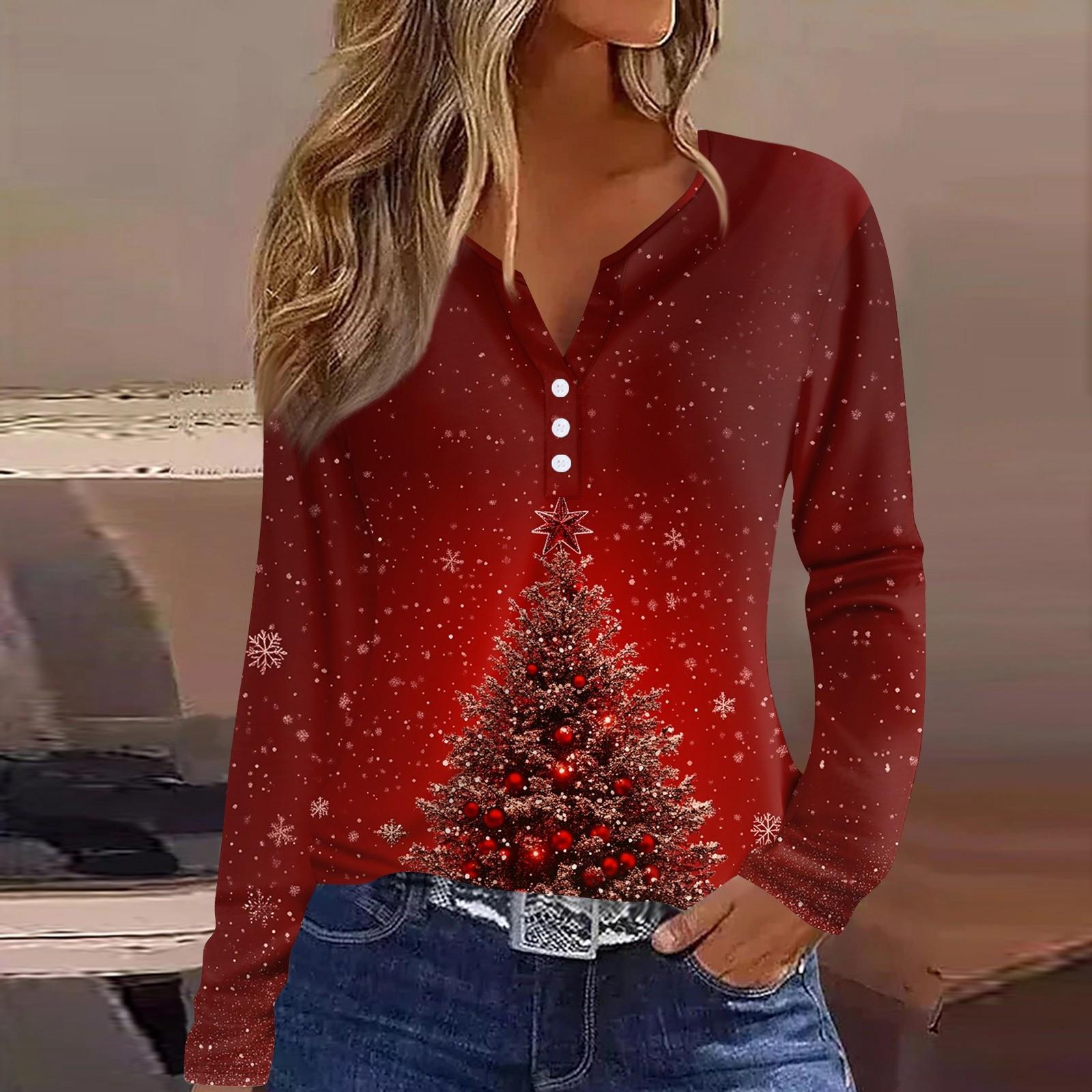 Женская футболка с рождественским принтом на пуговицах с длинным рукавом — фото 8