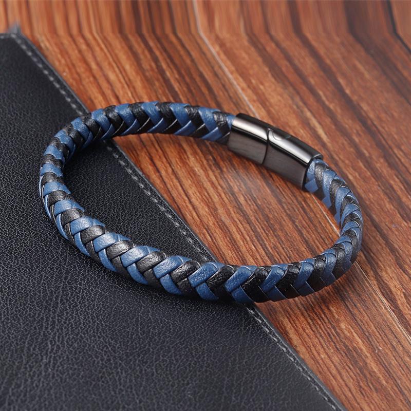 Classic Stainless Steel Bracelets For Men Black Blue Brown Color Punk Braided Wrap Leather Bracelets On the Hand Jewelry