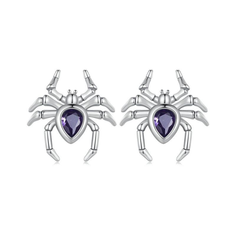 WOSTU 925 Sterling Silver Vintage Spider Stud Earrings Creative teardrop Purple Crystal Insect Ear studs women men Punk Gift New