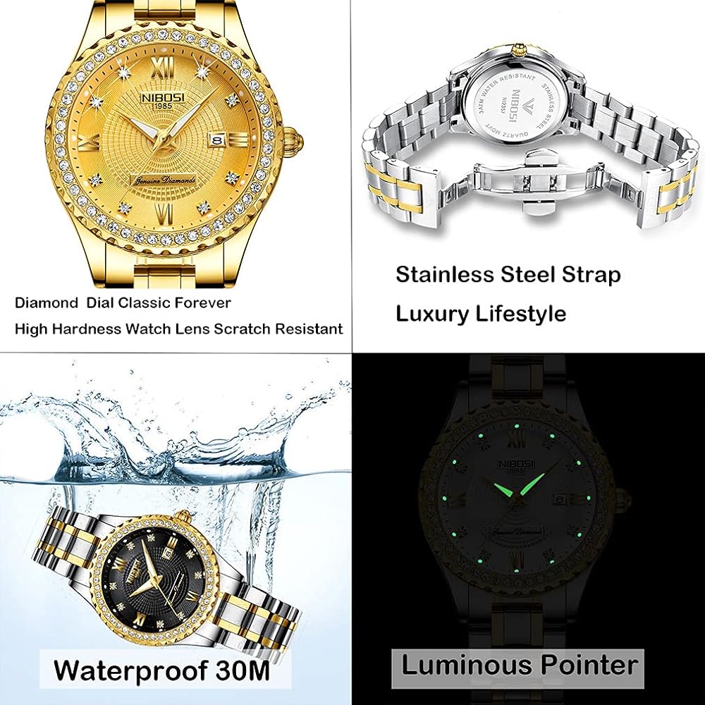 Pair Classic Stainless Steel Watches for Couples with Diamond Accents, Waterproof, Gold Finish