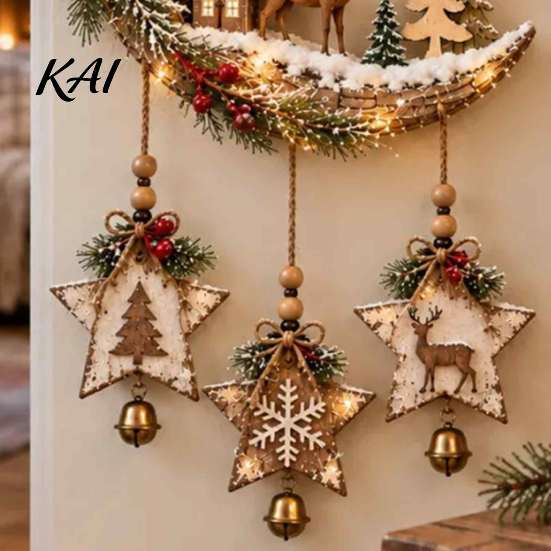 Star And Moon Cutout Artwork Lighted Crescent Wall Decor with Stars Pendants, Rustic Wooden Hanging Pendant Glowing Ornament for Holiday LED
