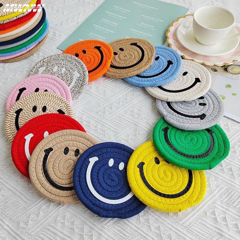 Smiling Face Round Mat Woven Ramie Placemats Anti Slip Dining Table Mats Non-Slip Tableware Bowl Pads Kitchen Drink Cup Coasters