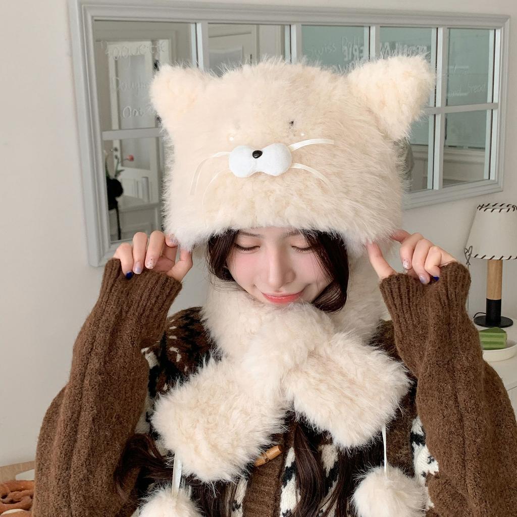 2-in-1 Bear Ears Plush Hat with Scarf Women Winter Warm Hooded Beanie Face Slimming Sweet Trapper Cap
