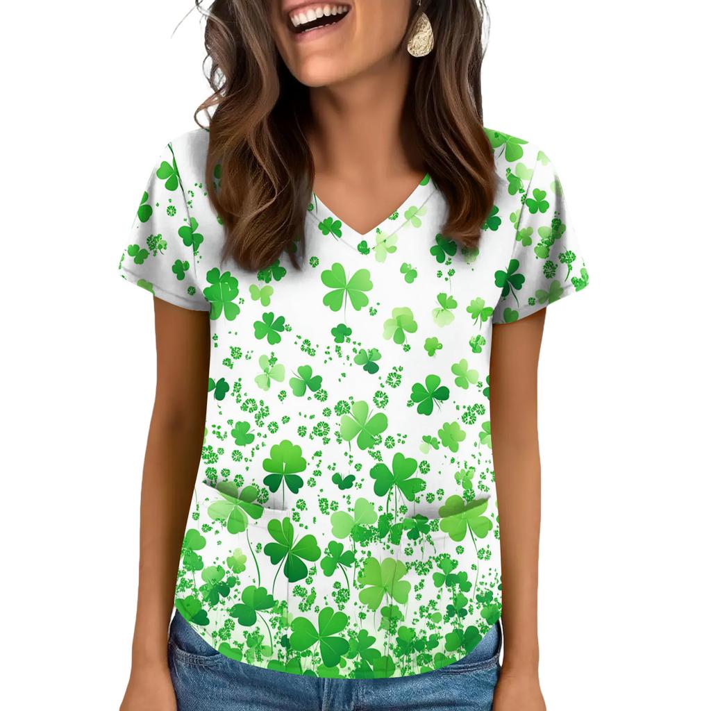 Women's V-Neck Saint Patrick's Day Print Short-Sleeve Pocket Side-Slit Top