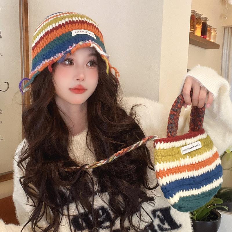 Retro Dopamine Colored Wool Hat Autumn and Winter Warm Knitted Hat Striped Korean Version Versatile Pile Hat Ear Protection Basin Hat