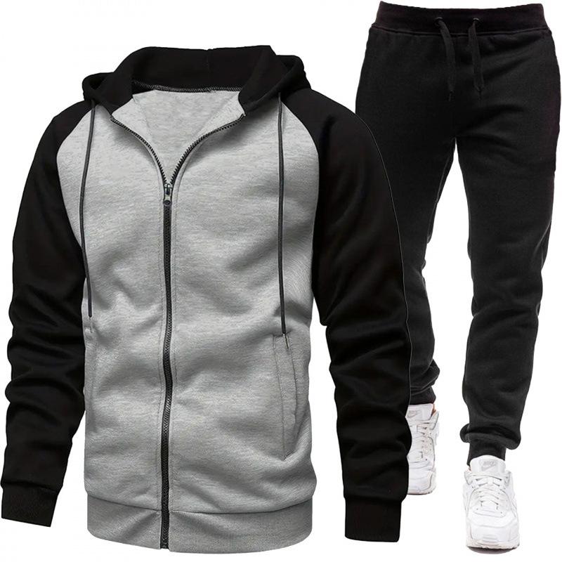 Men Clothes Jacket + Black Sports Pants For Autumn And Winter, Color-Blocked, Fashion Long Sleeve Casual Sweatshirt Set