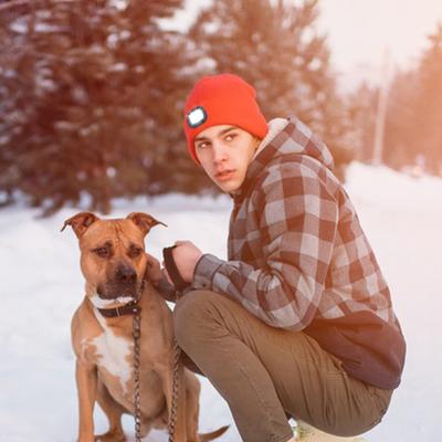 Winter Warm Knit Beanie 8 Hours High Powered Light 4 LED Beanie Hat USB Rechargeable Hands Free Headlamp Cap for Running Hiking