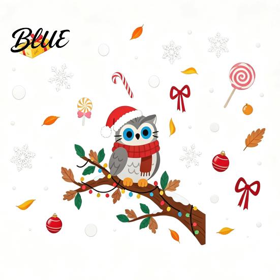 Christmas Owl Window Decals Cute Sticker Snowy Branch Candy Glass Decal Waterproof Decorative Stickers for Doors Xmas Decor Holiday Home Store Front