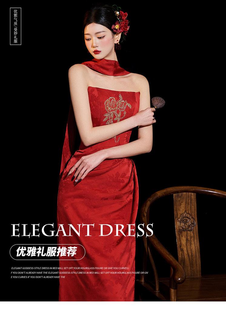 Toast Bridal Burgundy Niche Vintage New Chinese Morning Gown Dress Tube Top Engagement Back Door Fishtail Dress