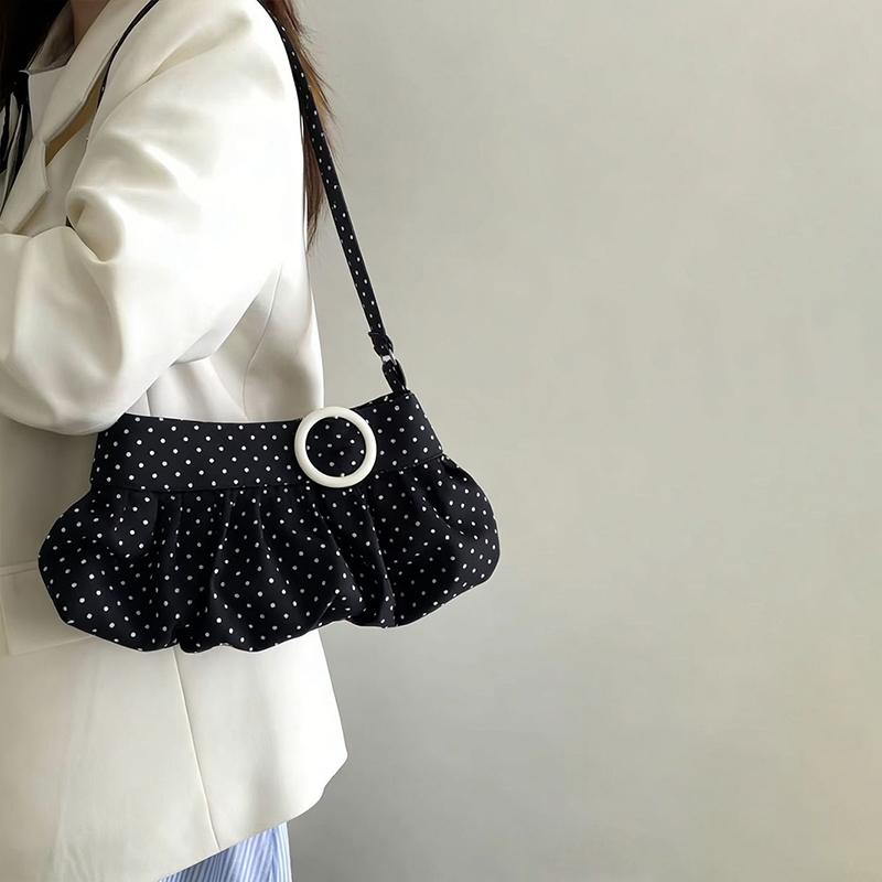Korean Style Polka Dot Crossbody Bag For Women Large Capacity Ruched Hobo Bag With Wooden Button Decor Casual Soft Shoulder Bag