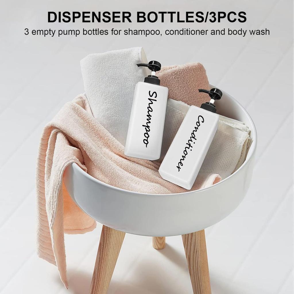 Shampoo and Conditioner Dispenser (Set of 3, 21oz) Modern Refillable Shampoo Pump Bottles for Shower Soap - Empty Body Wash Dispenser Set for