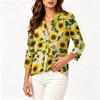 Women's Vintage Floral Print Henley Button Neck Three Quarter Sleeve Cotton Linen Shirt Lightweight Casual Blouse for Daily Wear