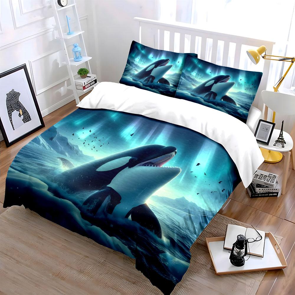 3Pcs Orca Leaping Under Northern Lights Duvet Cover Set With 3D Printing Design Soft Polyester Bedding Set All-Season Comfort