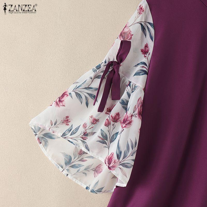 ZANZEA Damska casualowa luźna bluzka z okrągłym dekoltem, nadrukiem i wstawkami, rękaw 3/4