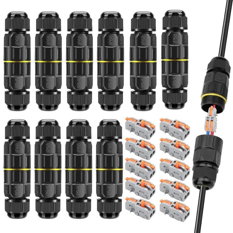 10-Pack IP68 Waterproof 2 Pin Electrical Cable Connector, Outdoor 2 Way Junction Box 4-10mm Adjustable Wire Box, with Replaceable 1 In 2 Out Lever