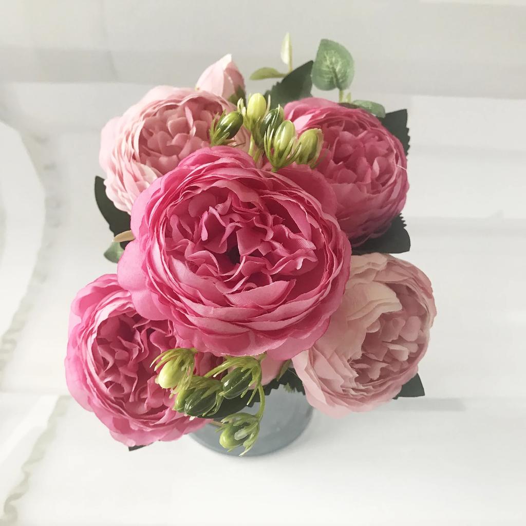 30cm Rose Pink Silk Peony Artificial Flowers Bouquet 5 Big Head and 4 Bud Cheap Fake Flowers for Home Wedding Decoration Indoor KTY