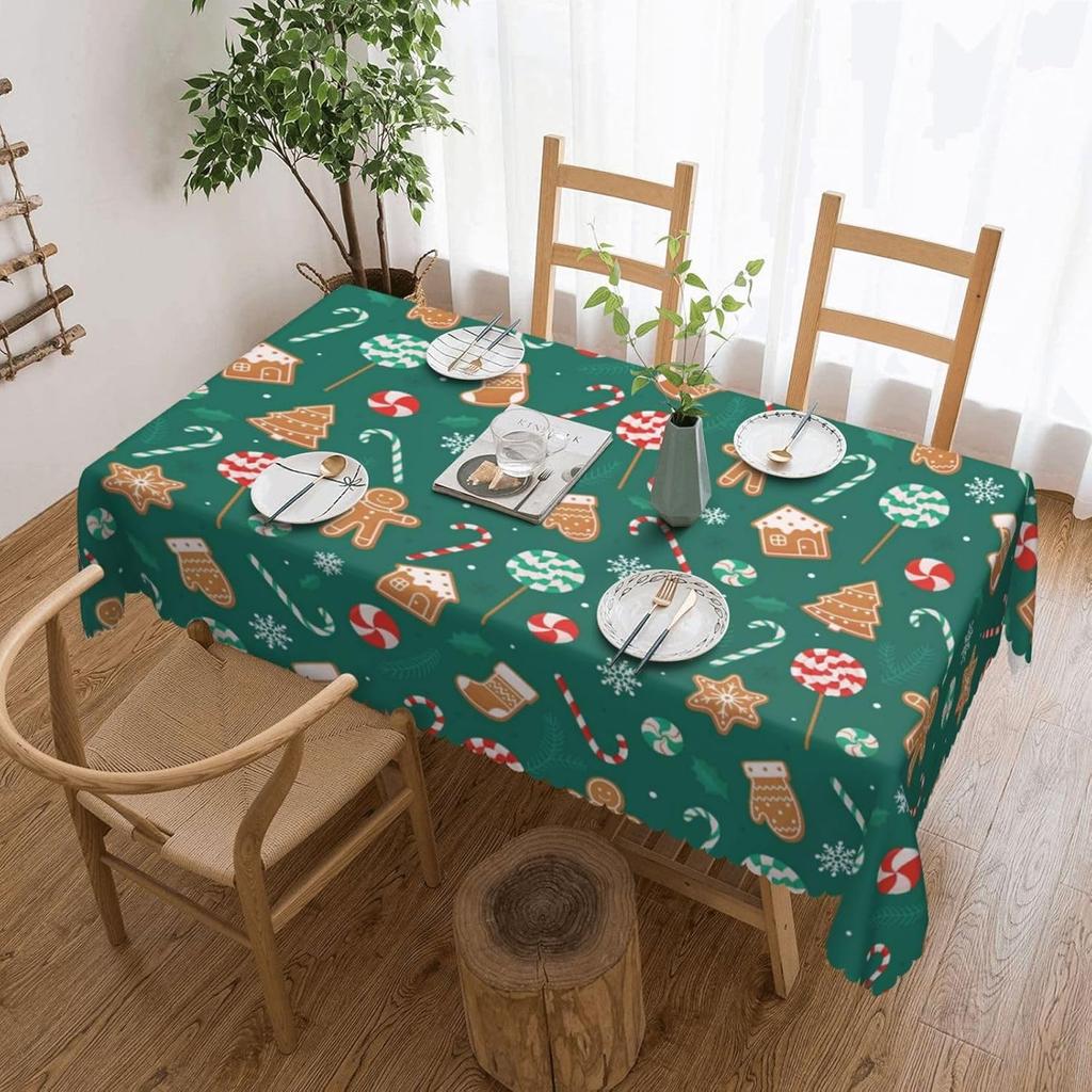 Christmas Candy Cane Gingerbread Waterproof Tablecloth Table Decor Winter Holiday Kitchen Dining Tablecloth Christmas Decoration
