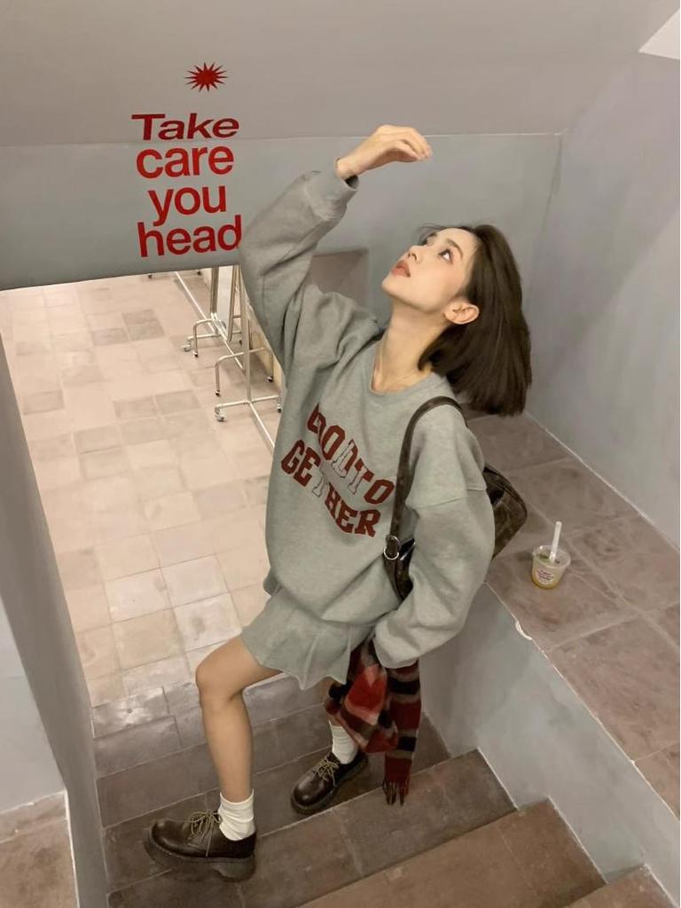 Korean College Style Color Block Letter Print Hoodie & Pleated Skirt Set for Women