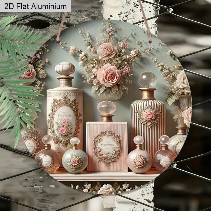 2D Flat 1pc Vintage Perfume Aluminum Sign Round Ornament - Embossed Floral Design Art, Home Office Bedroom Balcony Decor, Indoor/Outdoor Door Wall