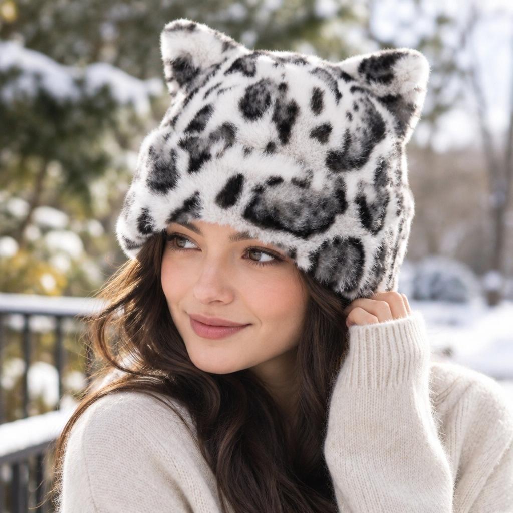 Women's Ear Hat Warm Leopard Print Versatile Pull- for Winter