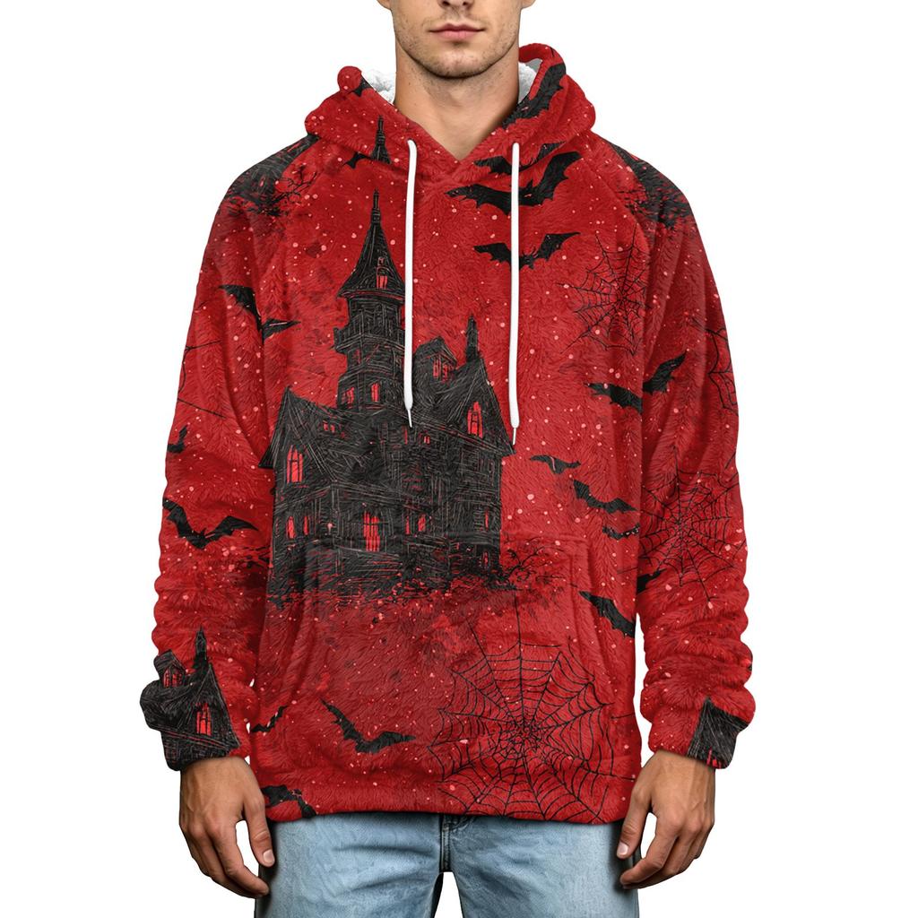 Men's Fall Winter Halloween Print Plus Size Hooded Flannel Sweatshirt Casual Trendy Streetwear