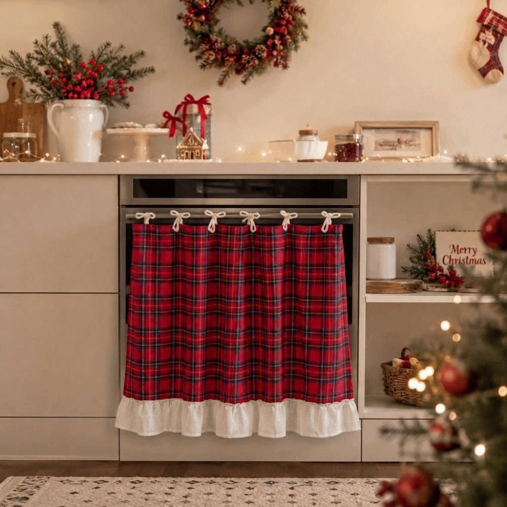 Ruffle Trim Oven Door Curtain Rural Style Plaid Dishwasher Cover Skirt Washable Easy To Install Christmas Oven Skirt