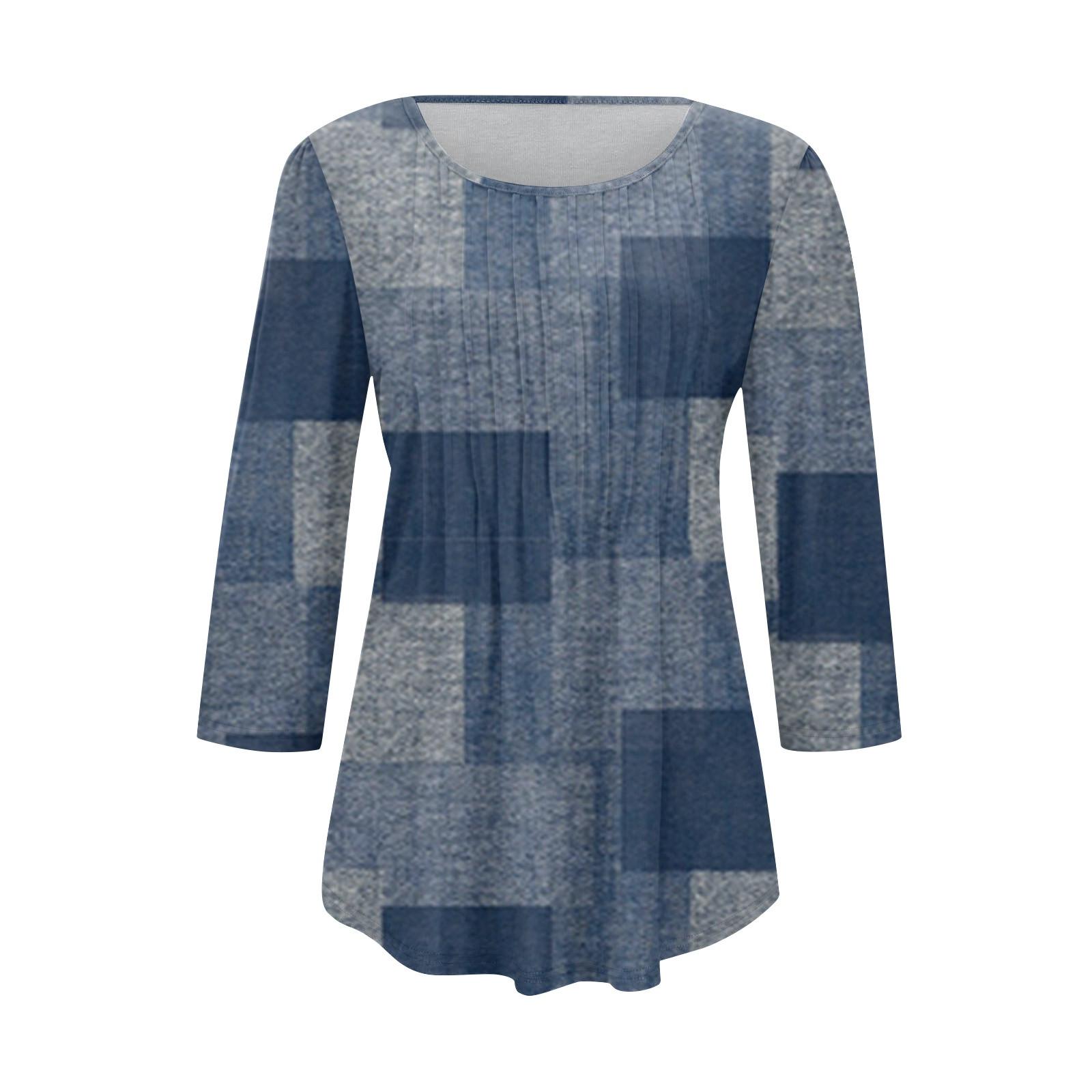 

Женская модная повседневная плиссированная футболка с круглым вырезом и принтом для отдыха с рукавом семь четвертей XXL синий