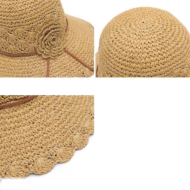 Summer Hats For Women Flower Rope Chain Foldable Sun Hat Beach Accessories Seaside Holiday Bucket Hat Sunhat New Beige Khaki