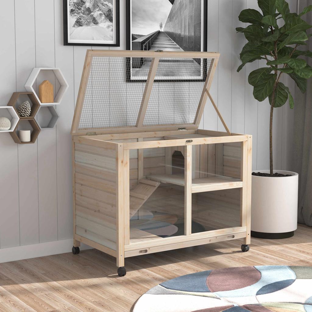 Small Animal Hutch with 2 Levels, 4 Wheels, Sealed Fir Wood, Natural