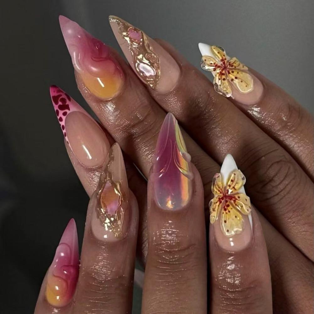 Manicure Long Almond False Nails French Detachable Fake Nails Aurora Press On Nails Women