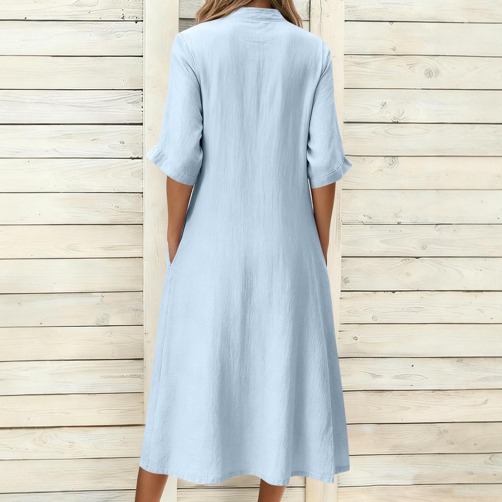 Modna Damska Jednokolorowa Luźna Sukienka z Kołnierzykiem Stojącym i Krótkim Rękawem
