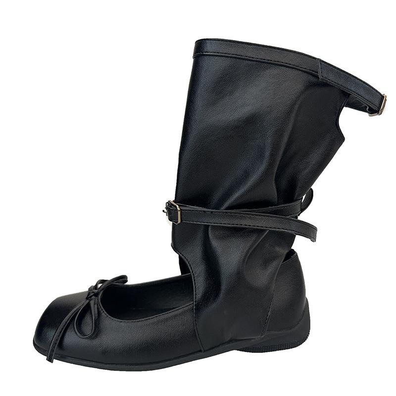 2025 summer new Korean niche ballet wind-cool boots women's round head bow mid-tube boots hollow western pile boots