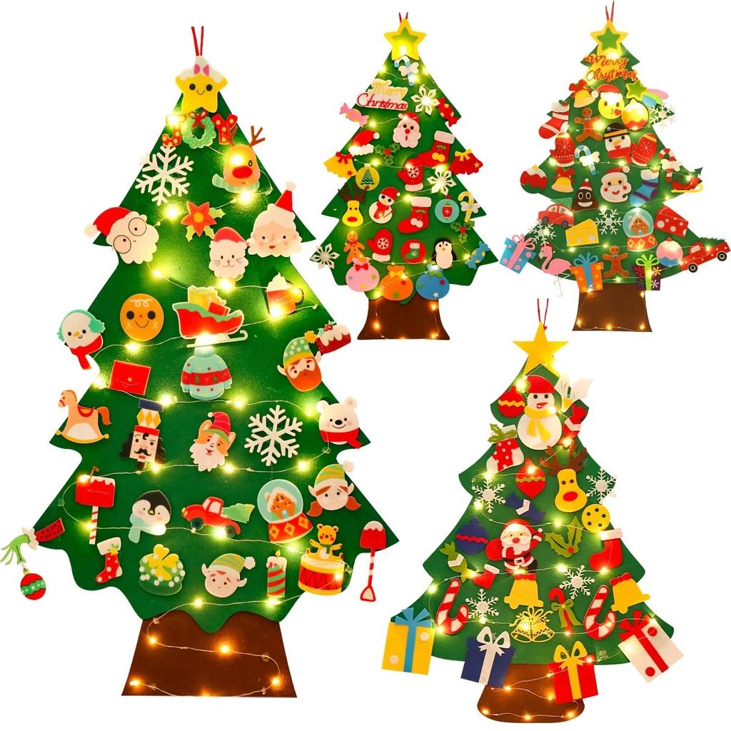 DIY Felt Christmas Tree Set with 32 Ornaments and LED String Lights for Toddlers Kids New Year Gift Xmas Gifts Home Door Wall