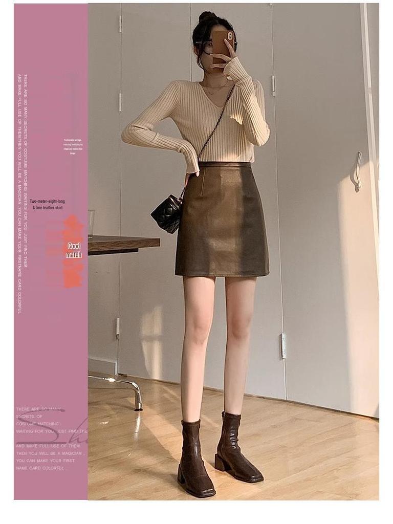 Autumn/Winter High-Waist A-line PU Leather Skirt - Stylish, Short, & Versatile