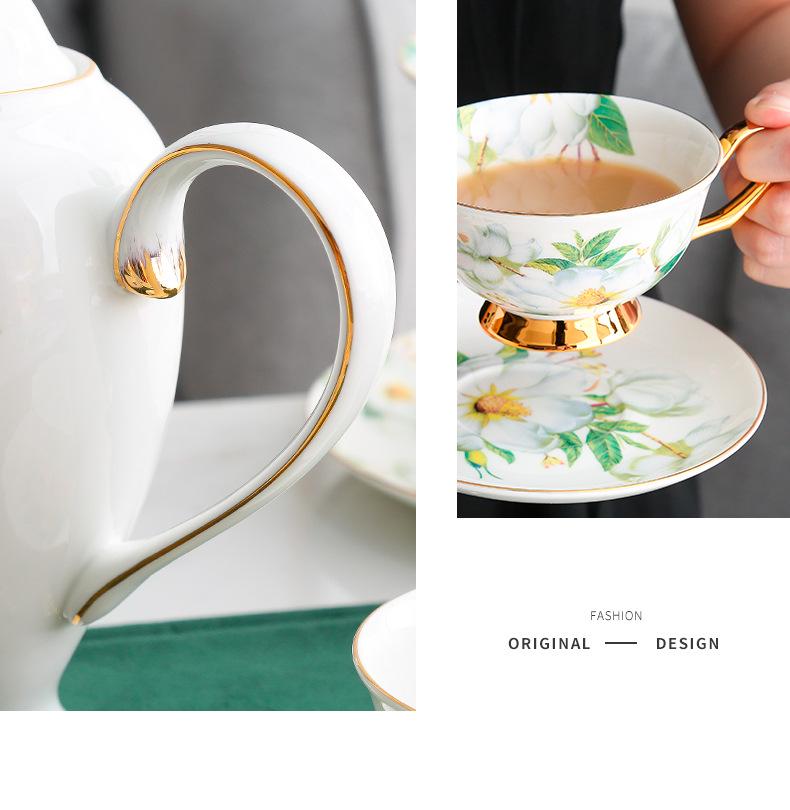 Camellia Gold-Trim Bone China Coffee Set: Cup, Saucer, Spoon, Pot, Milk Jug, Sugar Bowl, Pastry Skewer, Plate - Light Luxury.