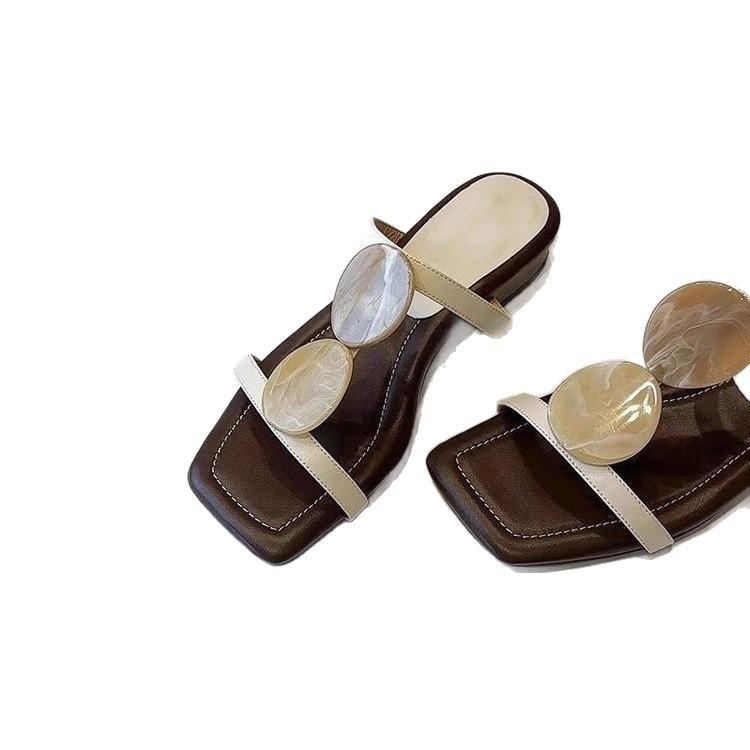 Sheepskin version~ New one-word with square head, open-toed cool slippers, women's retro bohemian flat-bottomed slippers