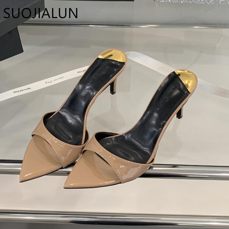 Fashion SUOJIALUN 2025 New Brand Women Slipper Fashion Pointed Toe Slip On Ladies Eelgant Slides Thin High Heel Outdoor Dress Pumps Sand