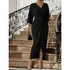 Large Size Black Flash Diamond V-Neck Twist Dress Bat Sleeve Pleated Split Split Split Hip Bag Banquet Dress