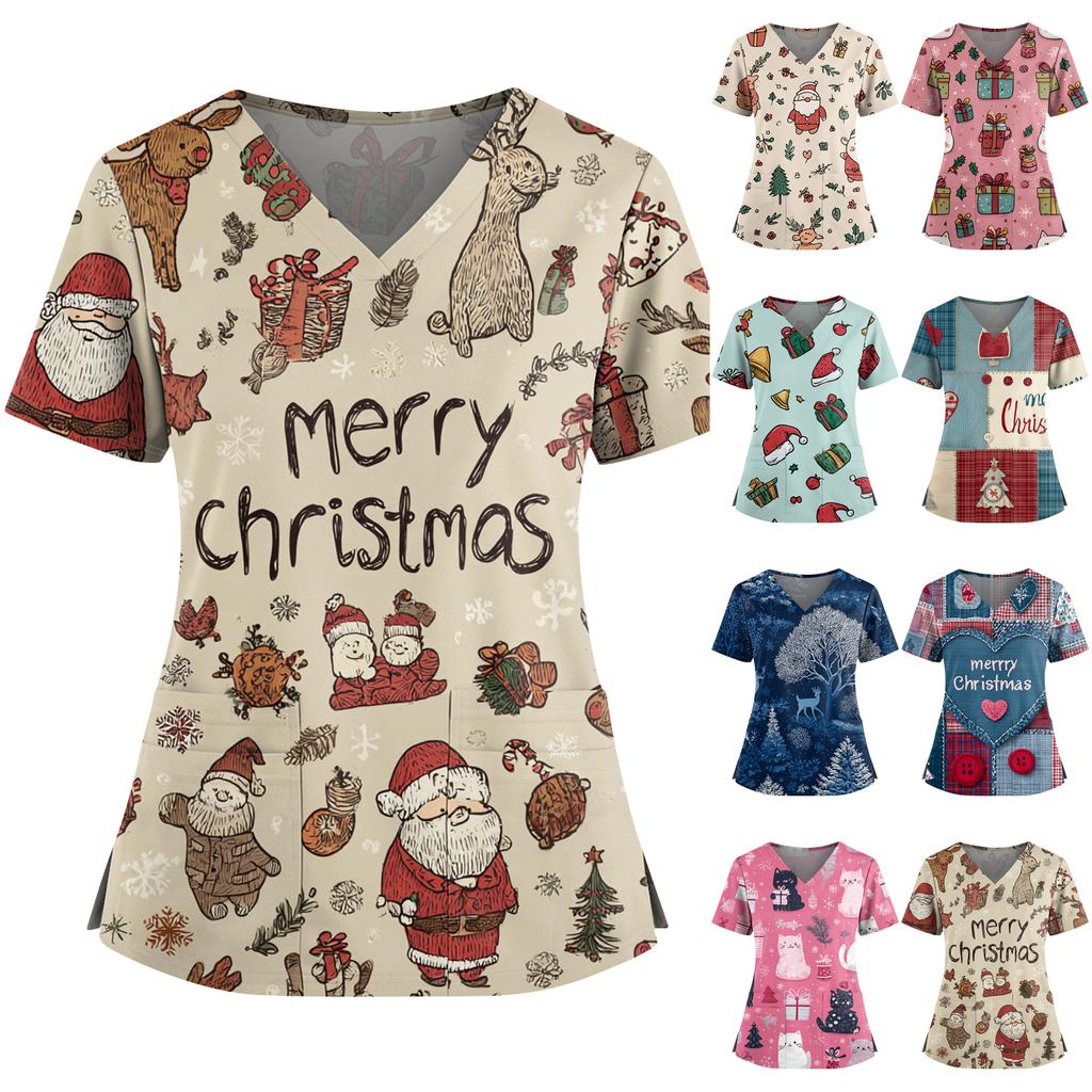 Women's Christmas Print V-Neck Double Pocket Short Sleeves Hem Slit Uniform And Caregiver Top