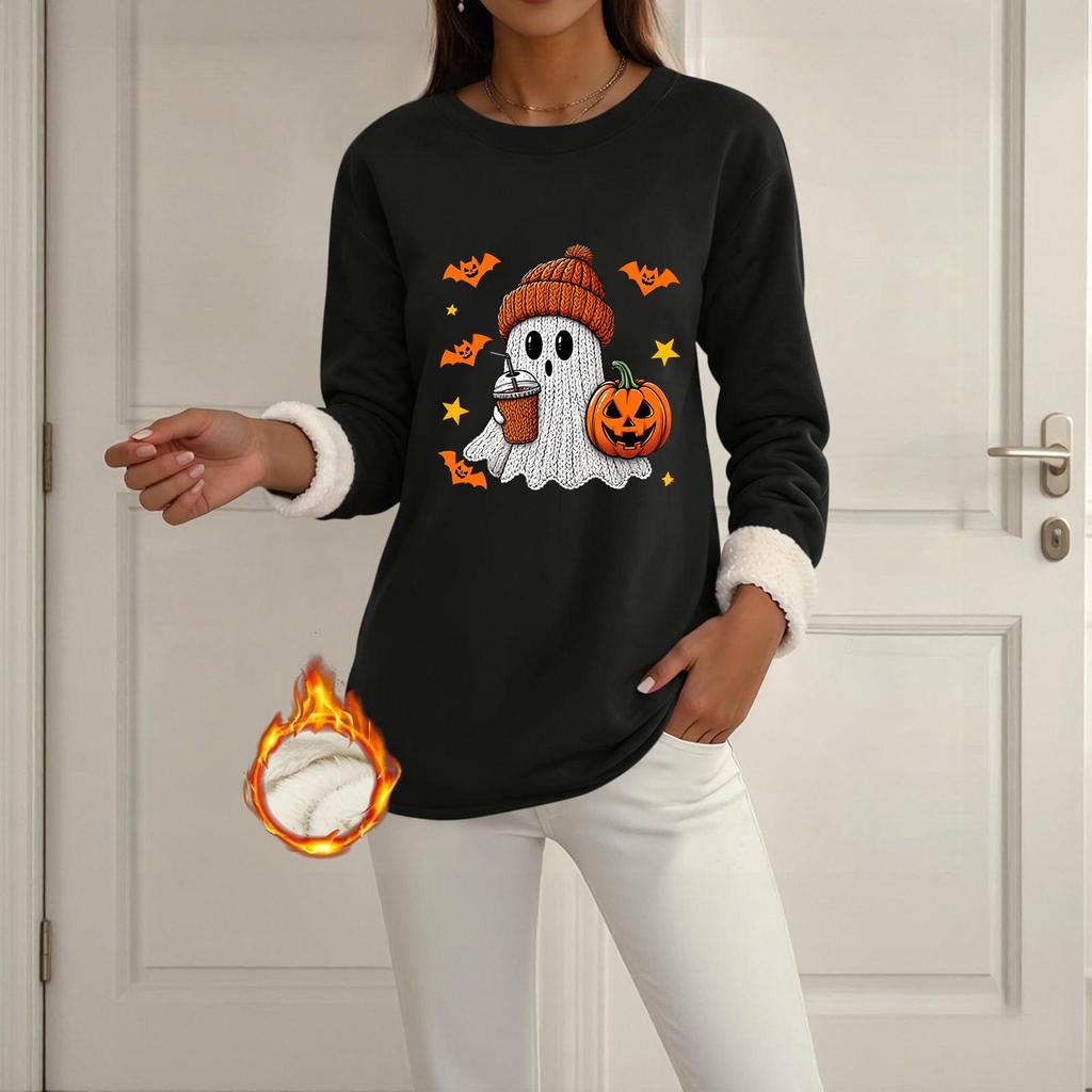 Women's Halloween -Lined Long Sleeve Round Neck Print Casual Winter Top