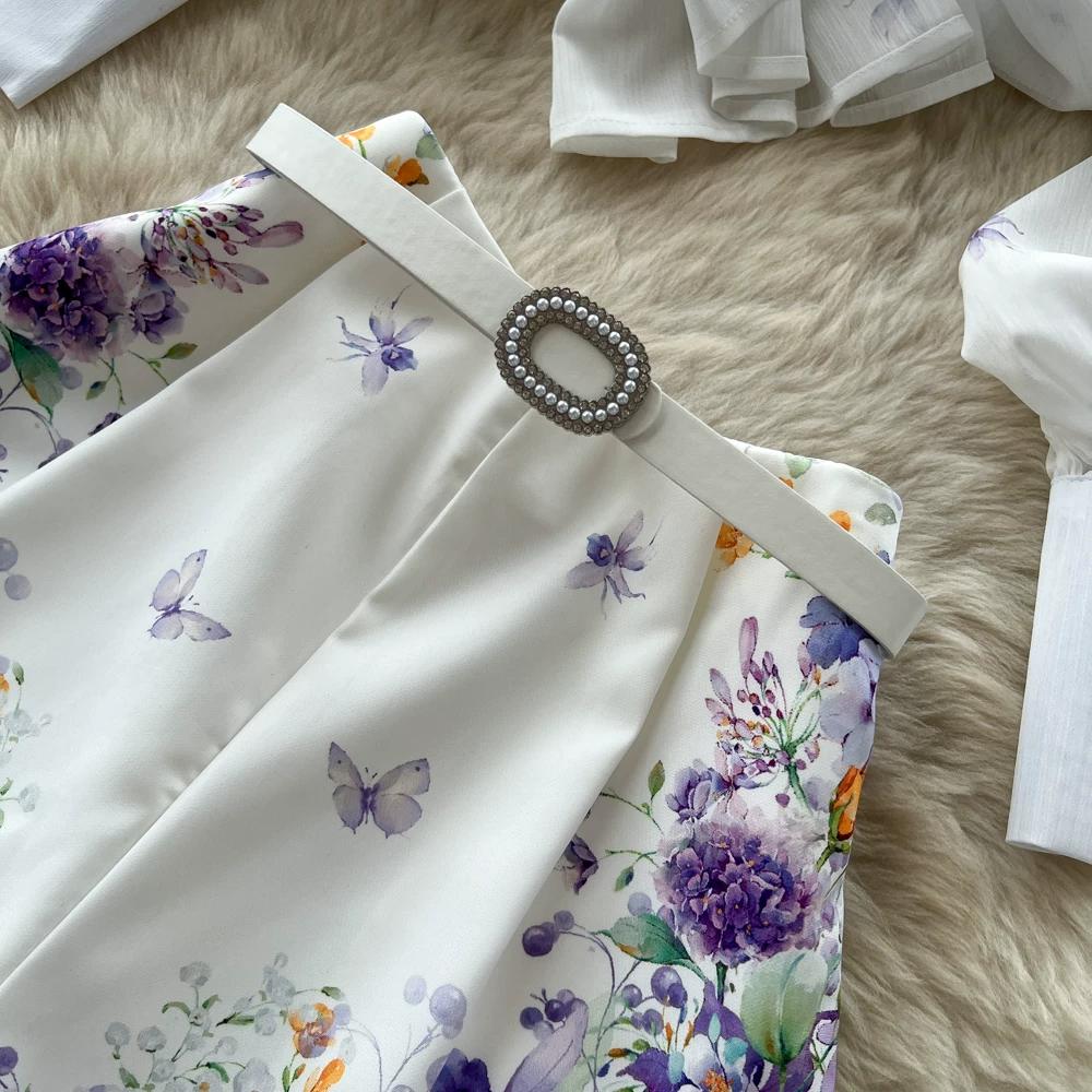 Summer Autumn New Arrival Flower Print Two Piece Pants Sets Women's Lantern Sleeve Blouse Tops and High-Waisted Wide-Leg Shorts Sets