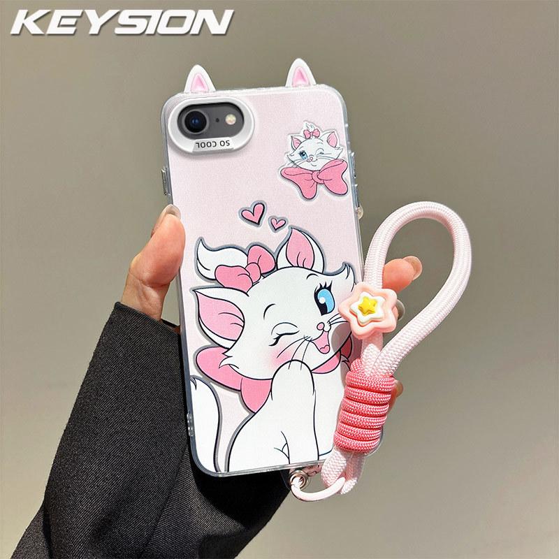 KEYSION Süße Cartoon-Ohren Hülle für iPhone SE 2020 2022 mit Lanyard Silikon+PC Stoßfeste Handy-Rückseite für iPhone 8 7 Plus